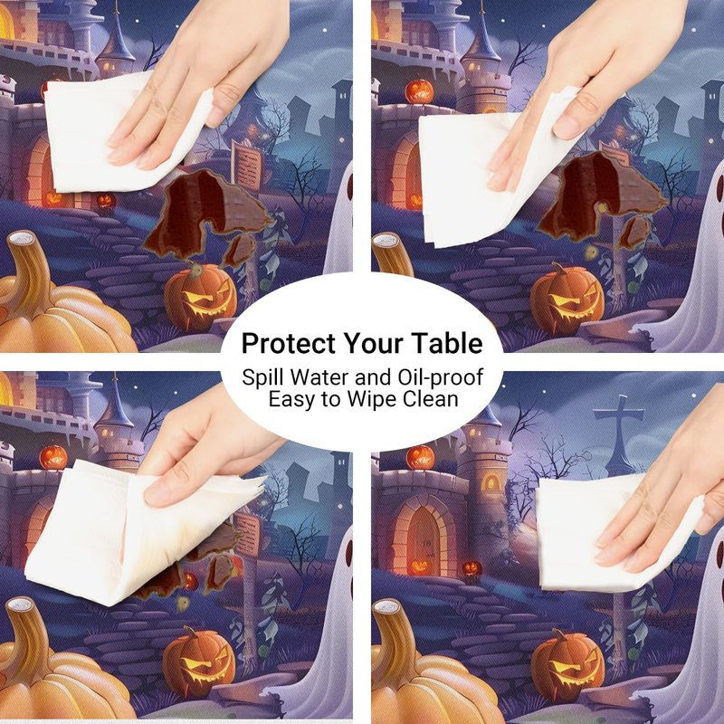 cfpolar Round Tablecloth with Elastic Edge Halloween Pumpkin bat Ghosts Round Fitted Table Cover Waterproof Wipeable Circle Table Cloths for Dining Kitchen Pattry Patio Outdoor (Fit for 45"-50")