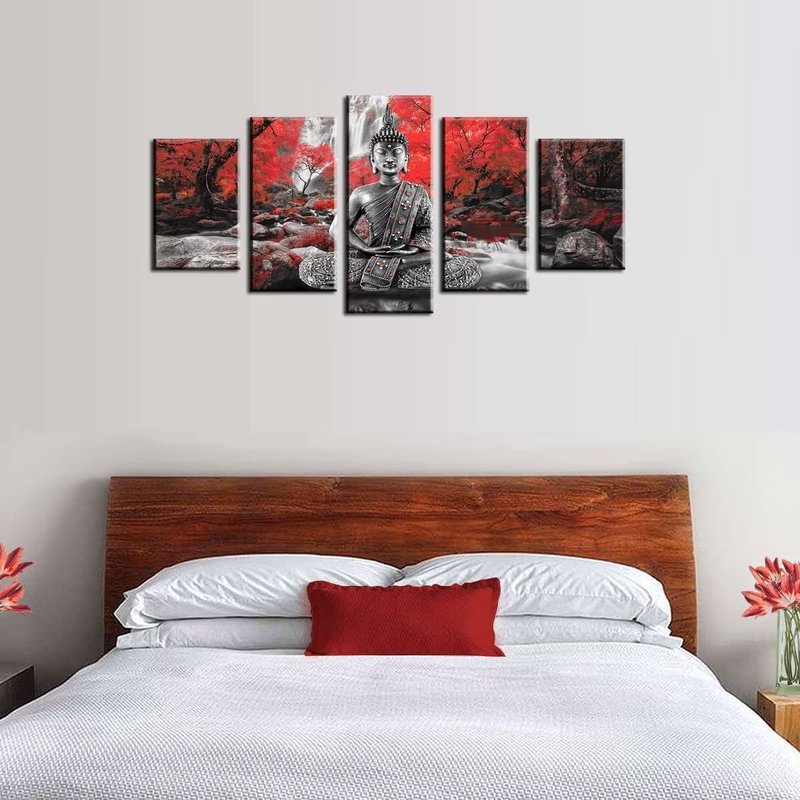 AWLXPHY Decor Buddha Wall Art Canvas Waterfall Painting Framed 5 Panels for Living Room Decoration Modern Landscape Buddha Trees Zen Wall Art Giclee (Red, 60"x30")