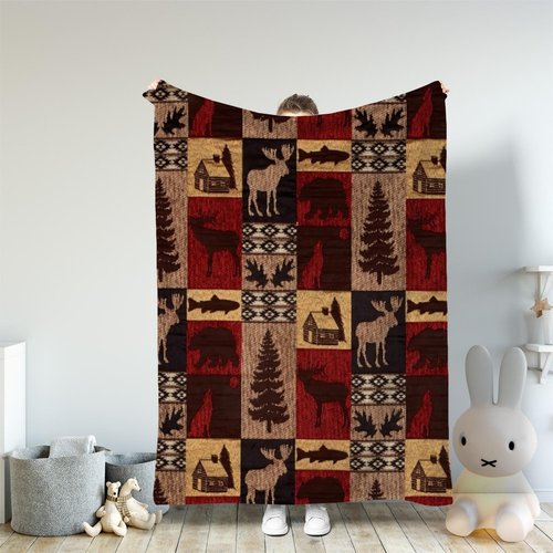 Bear Rustic Cabin Moose Blanket Soft Flannel Farmhouse Throw Blanket Gifts for Adults Cozy Blanket for Red Black Check Farmhouse Art All Season Couch Bed Sofa Home Decor, 60"x80"