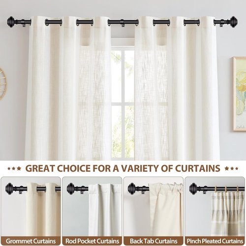 KAMANINA Black Curtain Rods - Heavy Duty Adjustable Drapery Rods Set | 72 to 144 Inches with Modern Finials