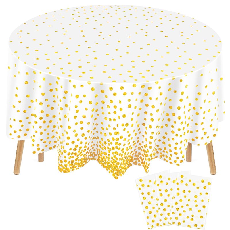 Newwiee 3 Pcs Round Dot Tablecloth 84 Inch Plastic Table Cover Graduation Confetti Tablecloths for Grad Wedding Bridal Shower Birthday Spring Graduate Party Decor (White and Gold Dots)