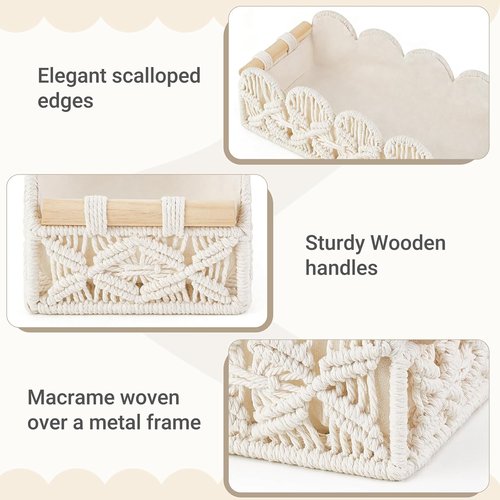 Mkono Macrame Storage Basket - Scalloped Edge Boho Woven Decor | Small Countertop Organizer Set of 2, Ivory