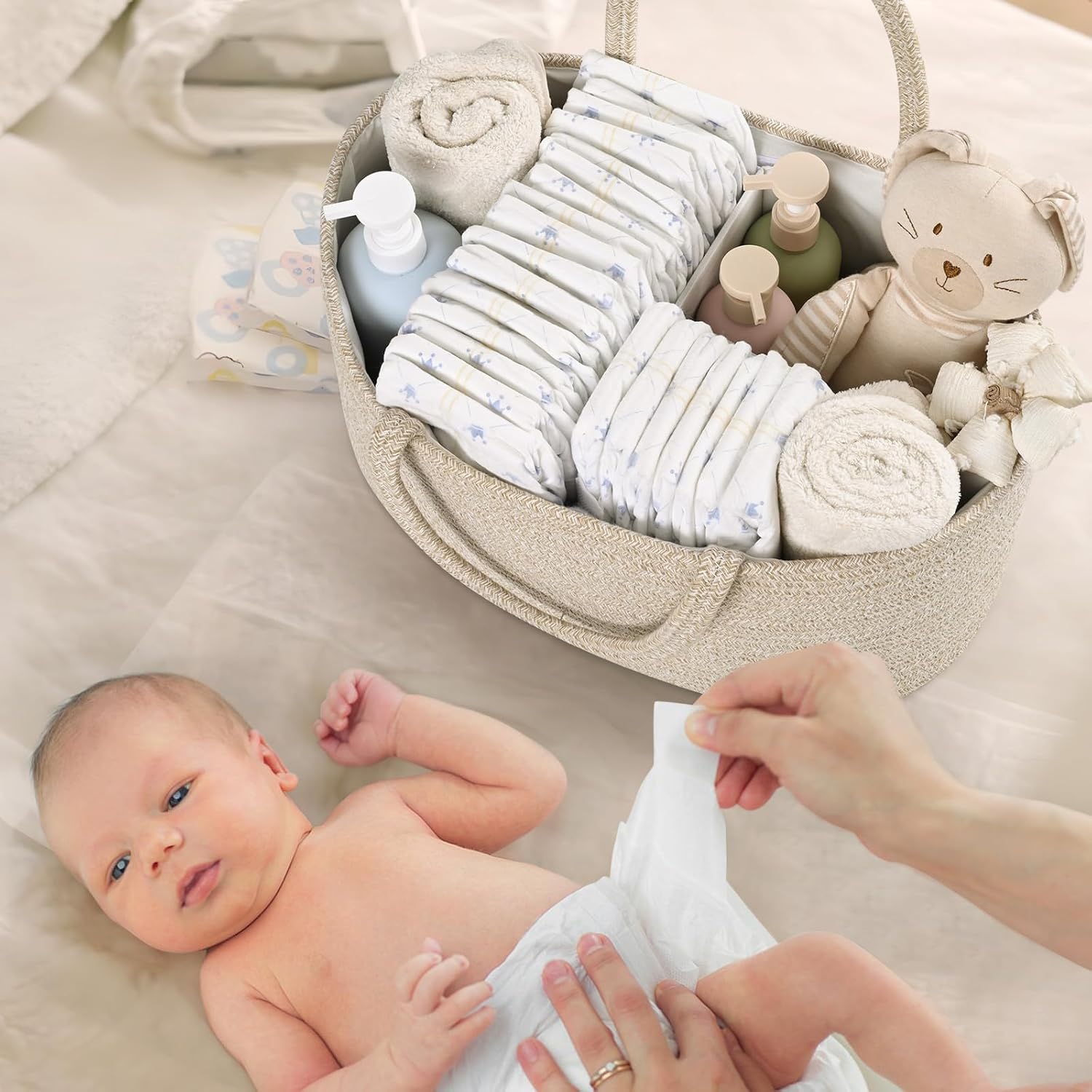 Skiennix Baby Diaper Caddy Organizer - 19L Cotton Rope Storage Basket with Removable Divider | Perfect for Nursery & Baby Showers