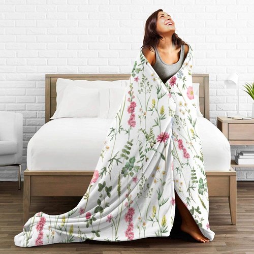 Watercolor Floral Throw Blanket Colorful Wildflower Blanket Botanical Plant Leaf Flower Bed Blankets Soft Warm Cozy Flannel Fleece Throw Blanket for Couch Sofa 40 X 50 Inch