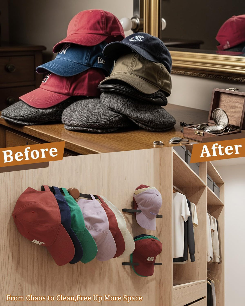 Skiennix Hat Rack - Stainless Steel Baseball Cap Organizer | Adhesive Wall Storage for 25 Hats