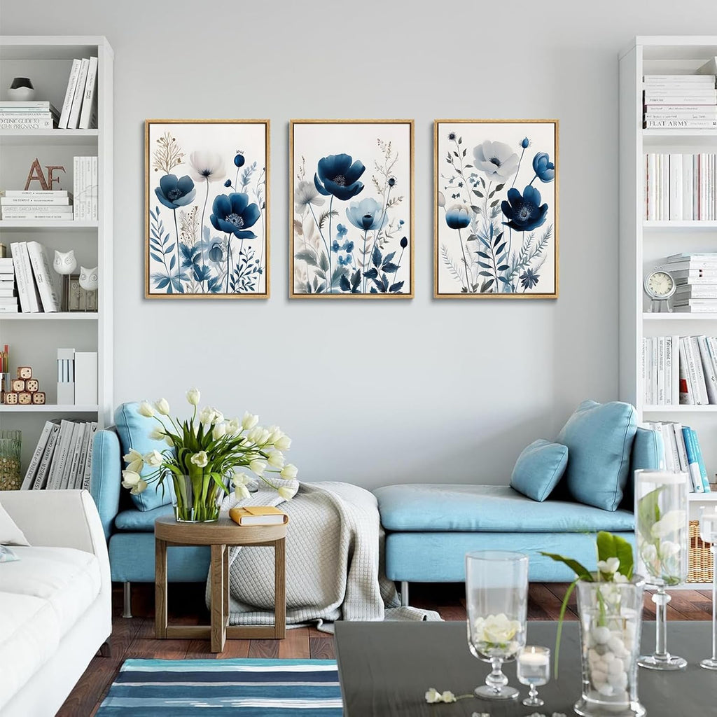 Skiennix 3Pcs Flower Canvas Wall Art - Navy Blue Wildflower Watercolor Prints | Modern Boho Decor 16x24in
