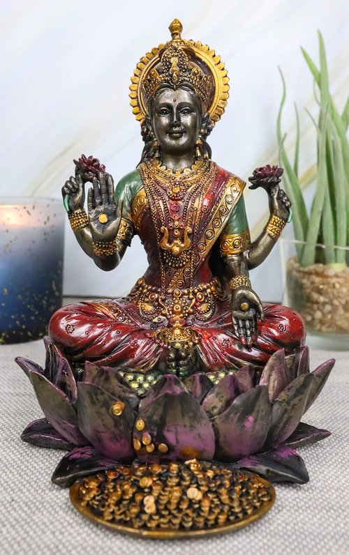 Ebros Beautiful Hindu Goddess Lakshmi Seated On Lotus Flower Statue 6.25" Tall Eastern Enlightenment Resin Altar Decor Figurine
