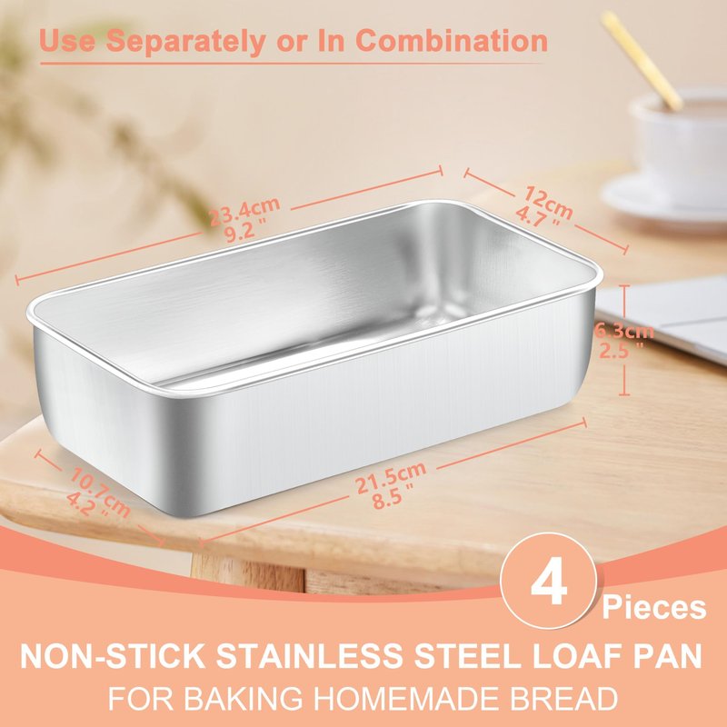 Stainless Steel Large Loaf Pans Set Of 4 For Baking Bread 9x5 Metal Nonstick Rectangle Bread Tin Homemade Meatloaf Sandwich Brownies Lasagnas Oven Refrigerator Freezer Safe
