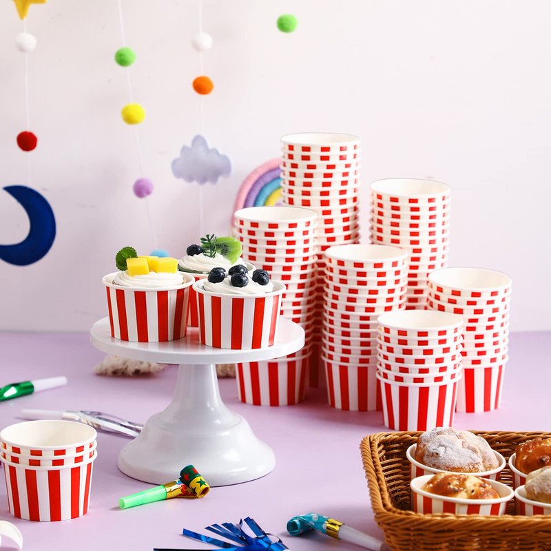 Potchen 200 Pcs Paper Ice Cream Cups 5.5 Ounce Red White Striped Disposable Sundae Bowls Yogurt Dessert Soup Cups for Hot Soup Snack Treat Carnival Theme Party Decorations