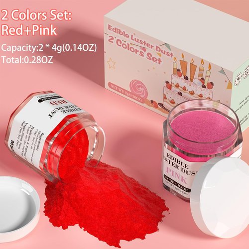 Cherrysea Luster Dust Edible Set - Food Grade Shimmer Powder for Cakes & Cocktails - 4g Red & Pink