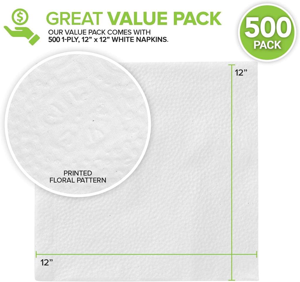 Stock Your Home 12 Inch Disposable Napkins - 1 Ply White Dinner Napkins for Parties & Daily Use | 500 Pack
