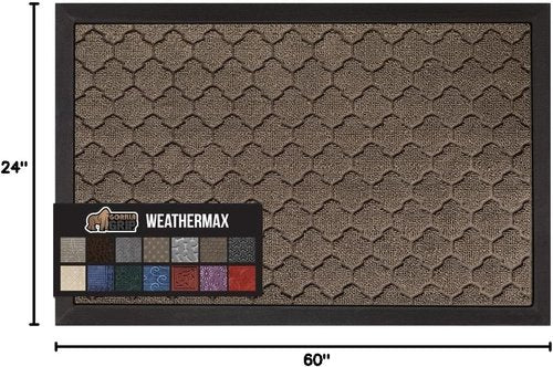 GORILLA GRIP Waterproof All-Season WeatherMAX Doormat - 60x24 Natural Rubber, Stain & Fade Resistant, Easy Clean, Latte Quatrefoil