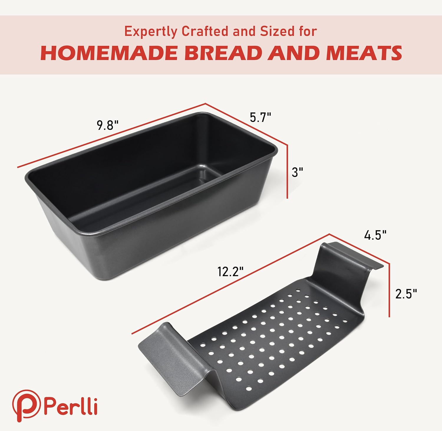 PERLLI Nonstick Meat Loaf Pan with Drip Tray - 9.8 x 5.7 In. High-Carbon Steel, BPA-Free, Perfect for Baking & Roasting