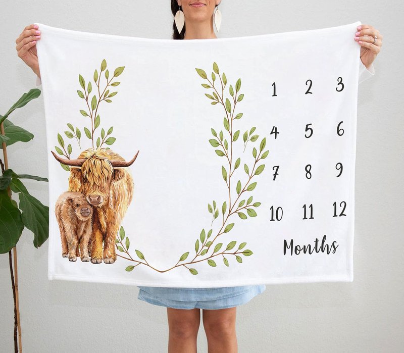 Yuzioey Highland Cow Milestone Blanket, Monthly Growth Chart, Watch Me Grow Nursery for New Moms Baby Shower (50"x40")