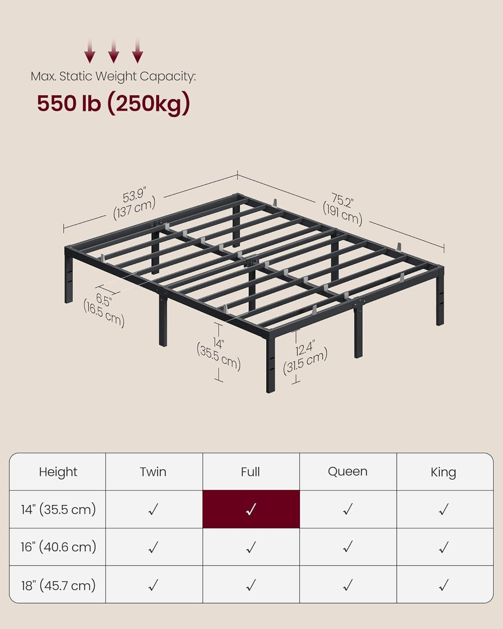 VASAGLE Metal Bed Frame - 14-Inch Tall Heavy-Duty Platform with Under-Bed Storage | No Box Spring Needed, Matte Black