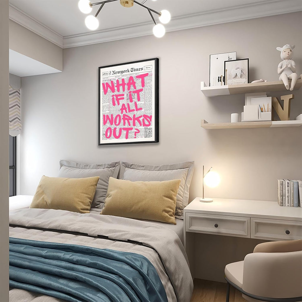 Skiennix Pink What If It All Works Out Wall Art - Black & White Canvas Poster | 16x24in Framed Inspirational Decor