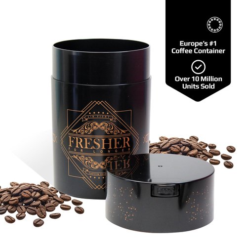 Coffeevac 1LB – Patented Airtight Container | Multi-use Vacuum Container Works as Smell Proof Containers for Ground Coffee and Coffee Bean Containers. Black with Gold Logo