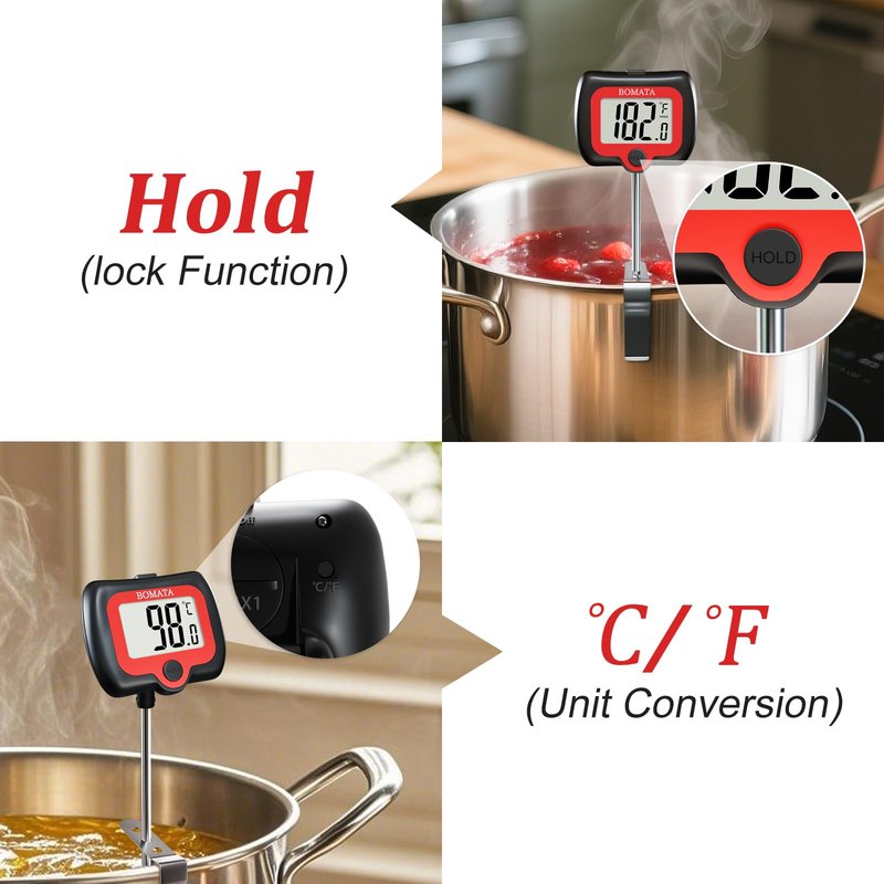 BOMATA Digital Candy Thermometer with Pot Clip, Deep Fry Oil Thermometer with Rotatable Display & Long Probe, for Candy Candle Making, Cooking, Food, Liquids, Water, Sugar.. Black