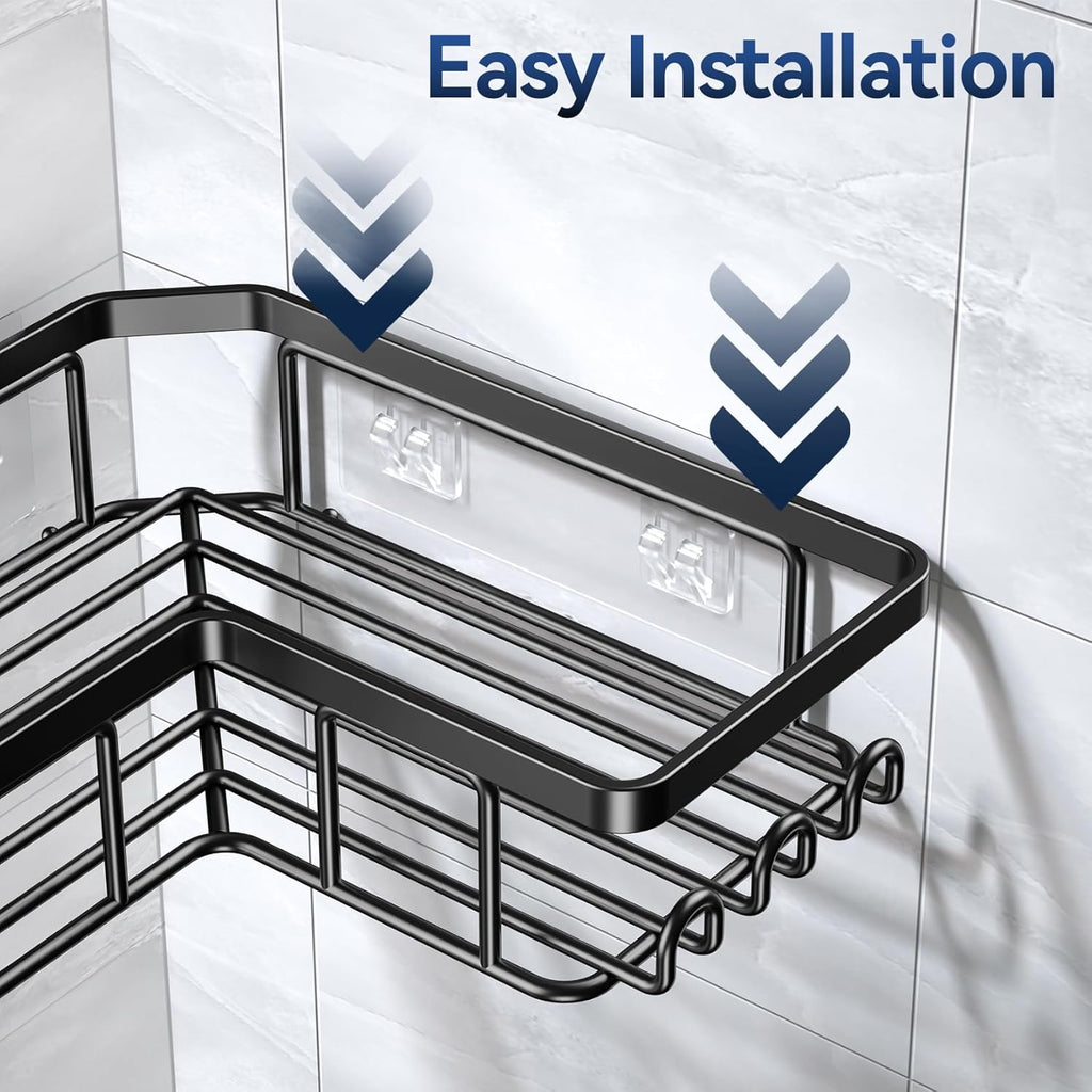 YASONIC Corner Shower Caddy - Rustproof Stainless Steel Bathroom Organizer with Soap Holder & 12 Hooks | Black, 3-Pack