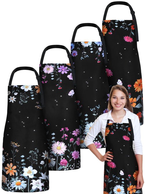 Bencailor 4 Pcs Floral Wildflower Kitchen Aprons Waterproof Cute Daisy Cooking Aprons for Women Men(Wildflower)