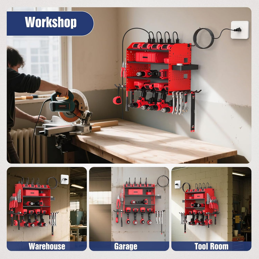 Power Tool Organizer by Heavy Duty - Wall Mount with Charging Station & Adjustable Shelves | Holds 4 Drills