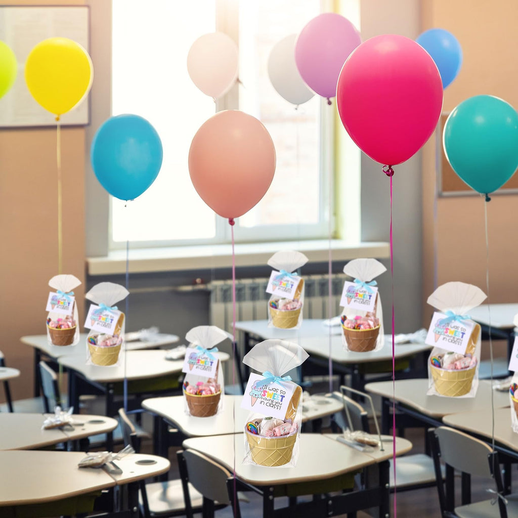 Sieral 24 Sets End of Year Gift Including 24 Pcs Ice Cream Bowls and Spoons 24 Pcs Cards with Plastic Bags and 1 Roll Ribbon for Prizes Summer Birthday Ice Cream Party