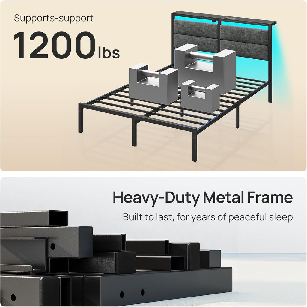 Rolanstar Full Size Bed Frame - LED Upholstered Storage Headboard with Charging Station | Grey, Noise-Free Design