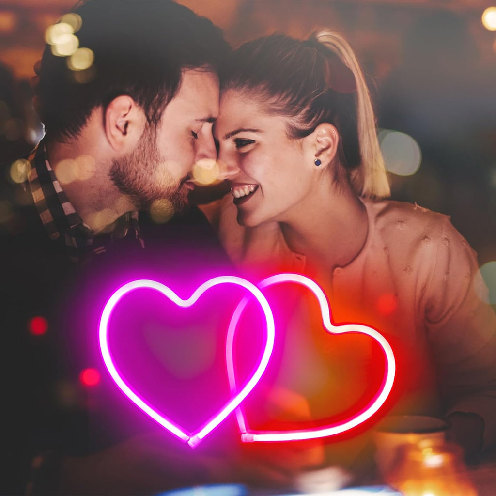 Skiennix 2-Pack Heart Neon Sign - Battery Operated & USB Powered | Perfect for Valentine's Day Decor (Pink & Red)