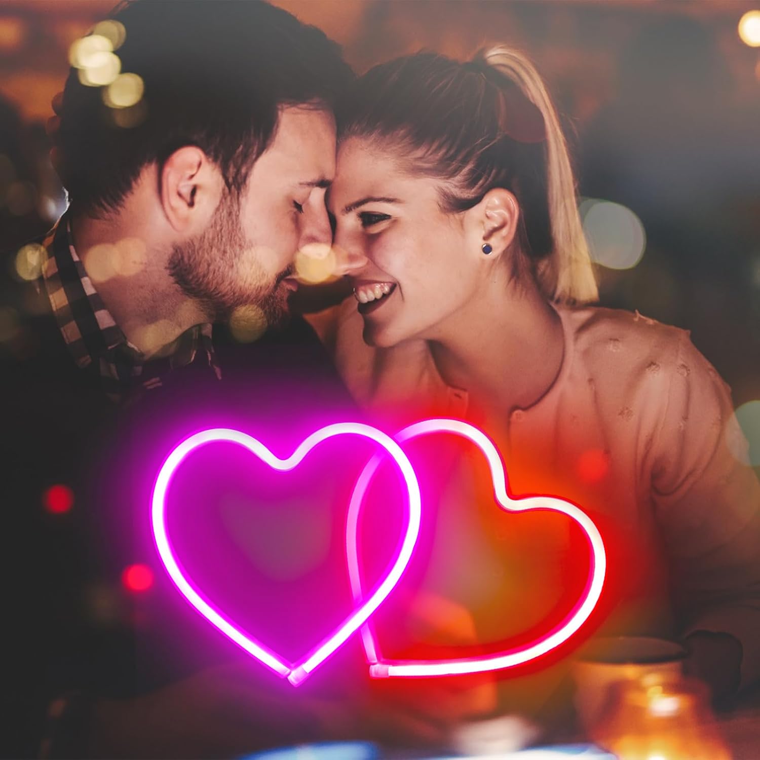 Skiennix 2-Pack Heart Neon Sign - Battery Operated & USB Powered | Perfect for Valentine's Day Decor (Pink & Red)