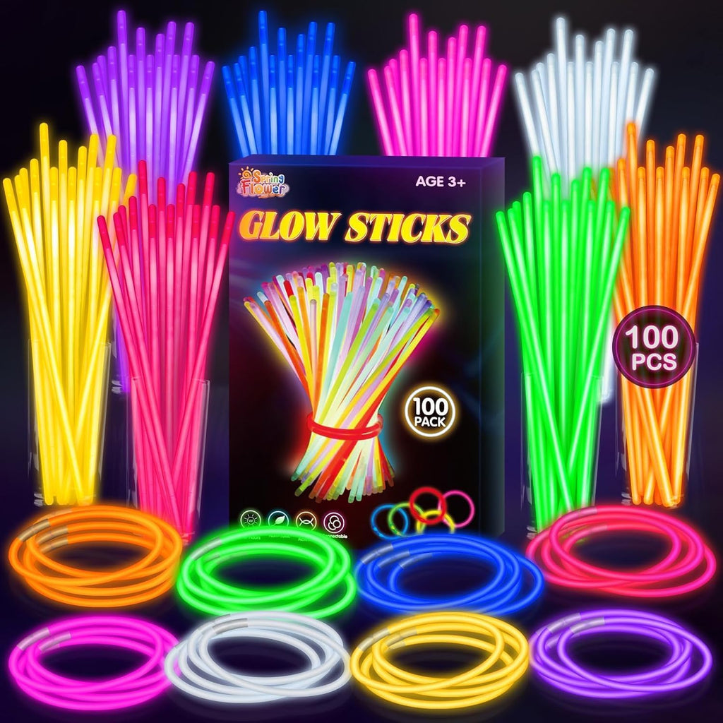 SpringFlower Glow Sticks - 100 PCS Bulk Glow in the Dark Party Supplies | Light Sticks for Kids & Adults