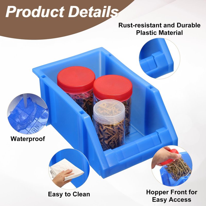 HARFINGTON 2pcs Plastic Shelf Bins 11" x 7.1" x 5.3" Wall Mounted Storage Bins Stackable Storage Box Organizer for Garage Closet Drawer Organization, Blue