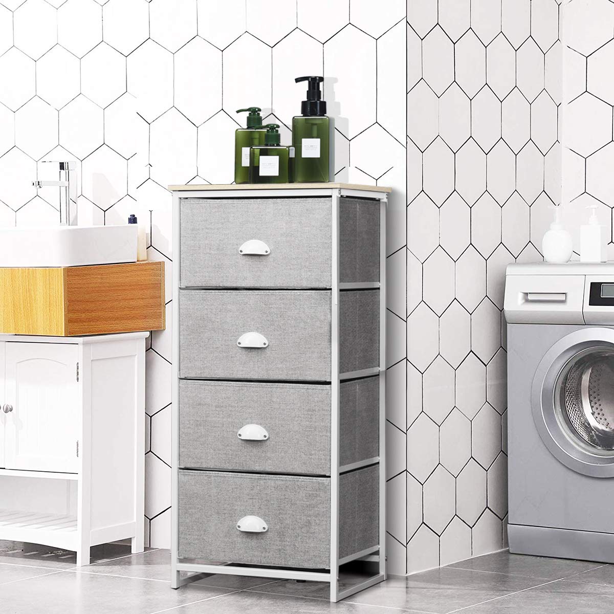 Giantex Dresser Storage Tower Nightstand W/Fabric Drawers, Sturdy Steel Frame and Wood Top Organizer Unit for Bedroom, Living Room, Entryway,Closets End Table Storage Unit (37’’(H), White)