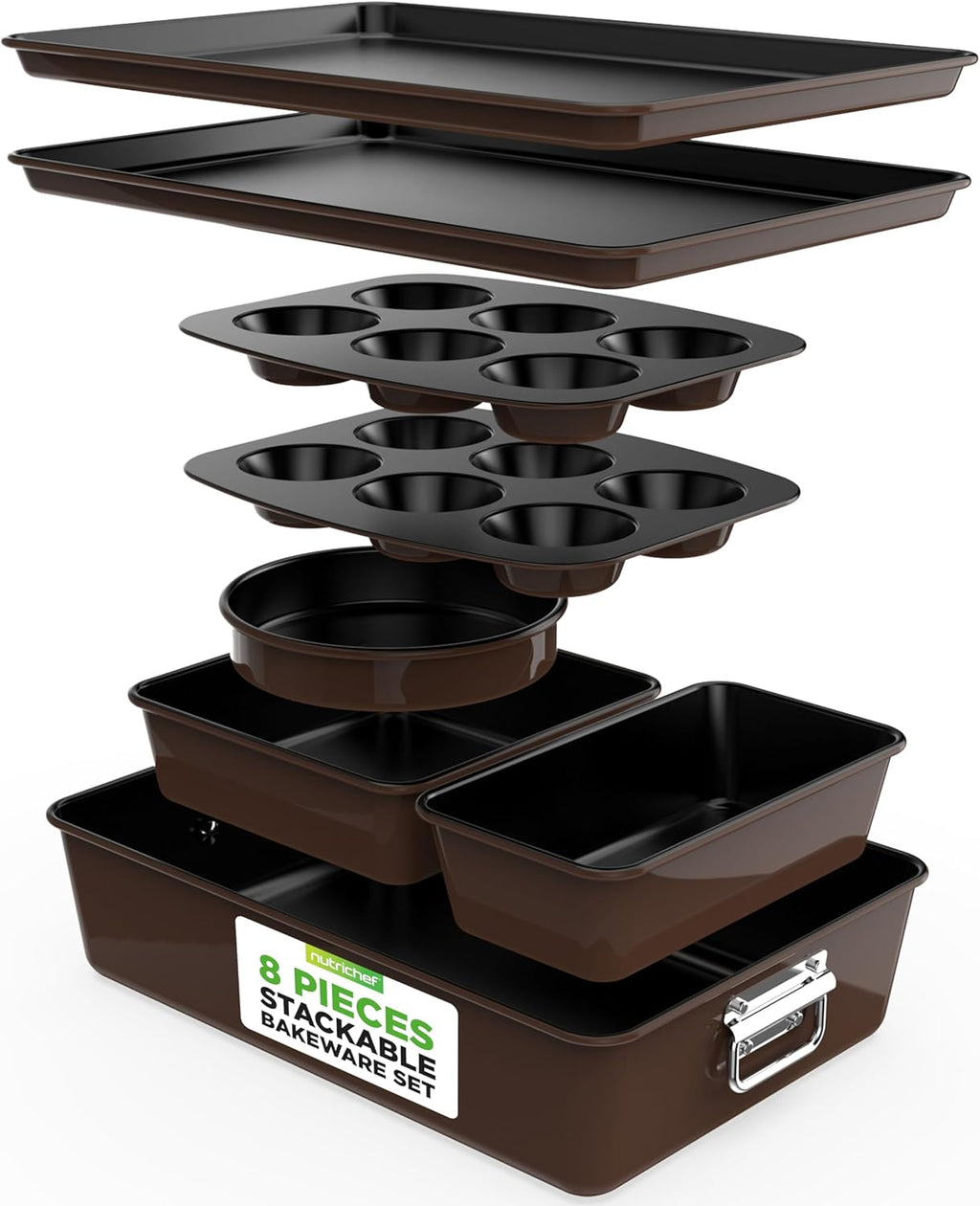 NutriChef 8-Piece Nonstick Bakeware Set - Non-Toxic Carbon Steel Trays with Cookie Sheet, Muffin, Loaf, Cake, Round & Square Pans - Easy to Clean & Oven Safe - Brown