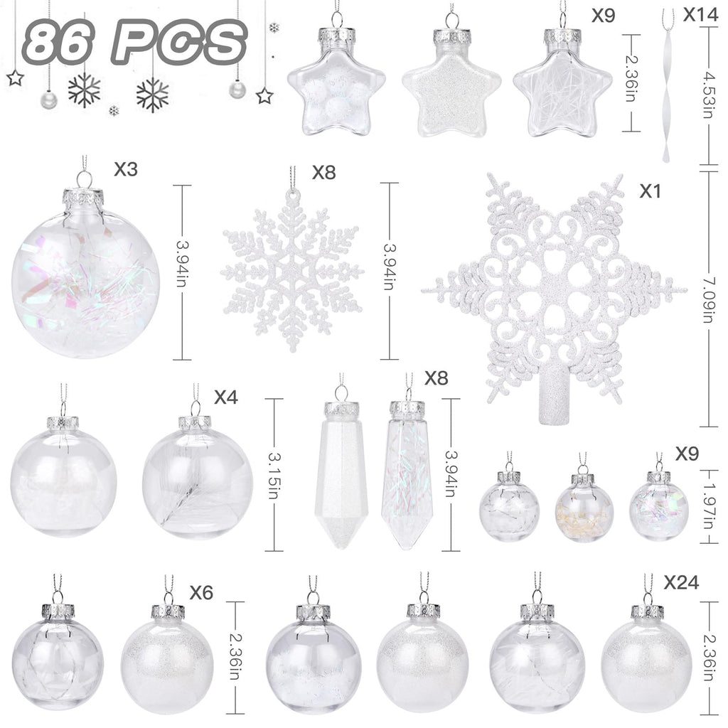 SHareconn 86PCS Christmas Balls Ornaments Set,Shatterproof Plastic Clear Decorative Baubles for Xmas Tree Decor Holiday Wedding Party Decoration, White