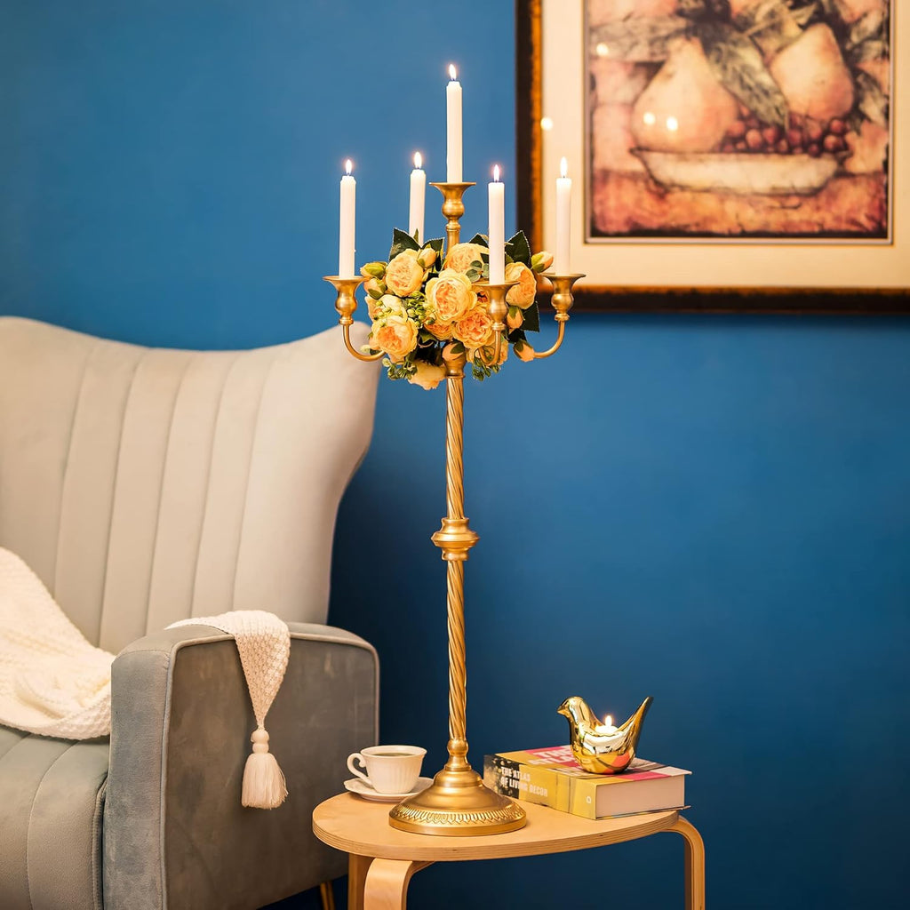 Sziqiqi Gold Floor Candelabra | Tall 5-Arm Metal Candle Holder for Elegant Wedding Centerpieces