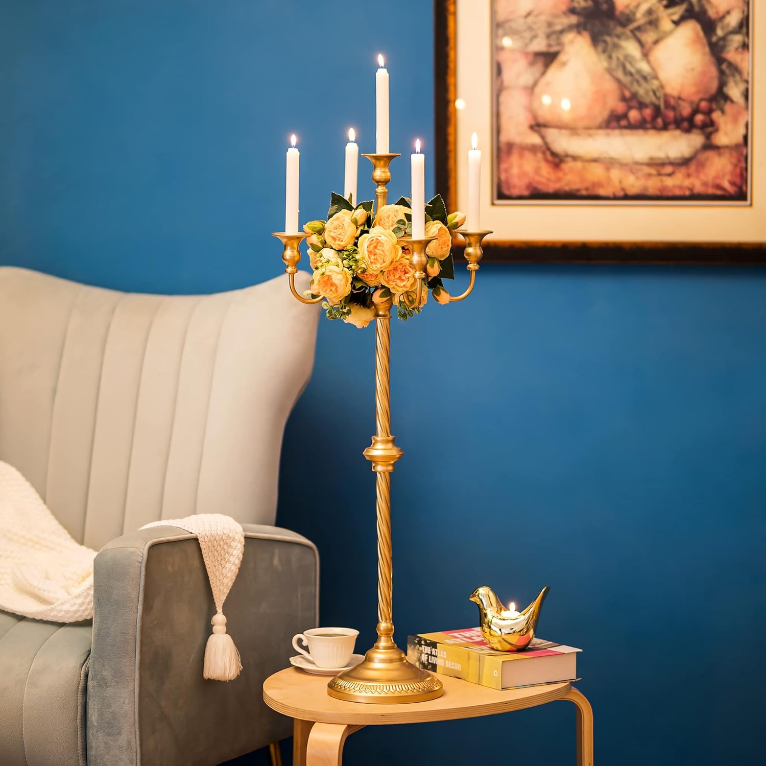 Sziqiqi Gold Floor Candelabra | Tall 5-Arm Metal Candle Holder for Elegant Wedding Centerpieces