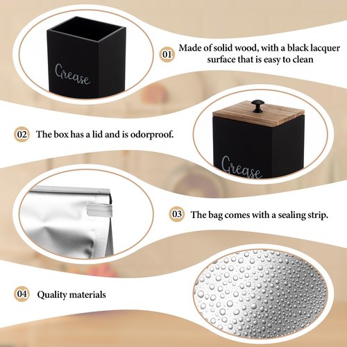 Hushee 35 Set Grease Disposal Container for Kitchen with 30 Foil Liners Disposable Grease Bags Bulk Wooden Storage Bin 4 Clip Bacon Cooking Oil Container Help Stop Kitchen Drains from Getting Clogged