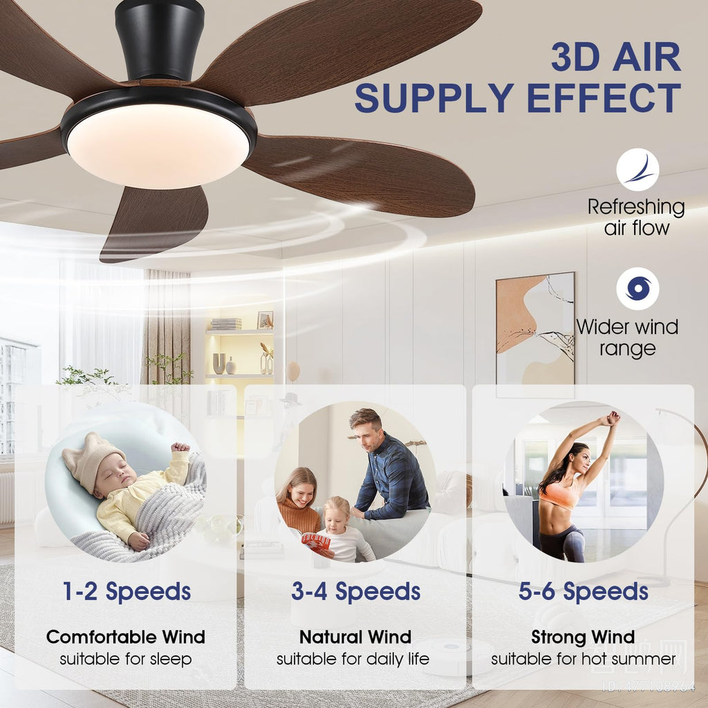 PHORUS Low Profile Ceiling Fans with Lights and Remote/APP,48 Inch Modern LED Ceiling Fans with Quiet Reversible DC Motor, Dimmable 3 Colors 6 Speeds