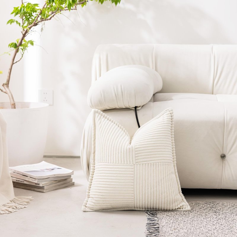 Puncuntex Corduroy Cream White Throw Pillow Covers 18×18 Inches Set of 2 Boho Decorative,Super Soft Cozy Striped Cushion Covers for Couch,Sofa,Farmhouse,Living Room,45×45CM