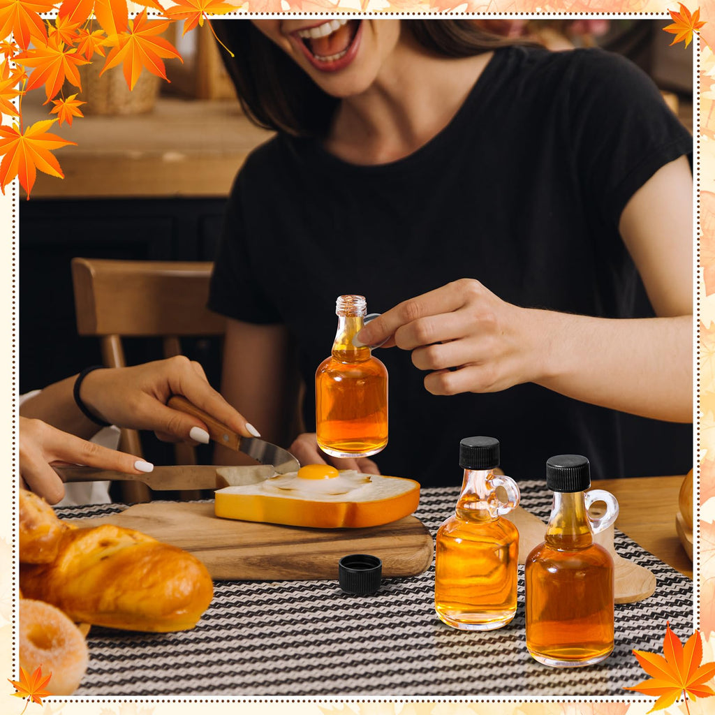 Blushtier 48 Packs 3.4 oz Glass Syrup Bottles with Handle and Black Lids, Mini Maple Syrup Bottles for Party & Wedding Favors Gifts, Honey, Coffee, Juice