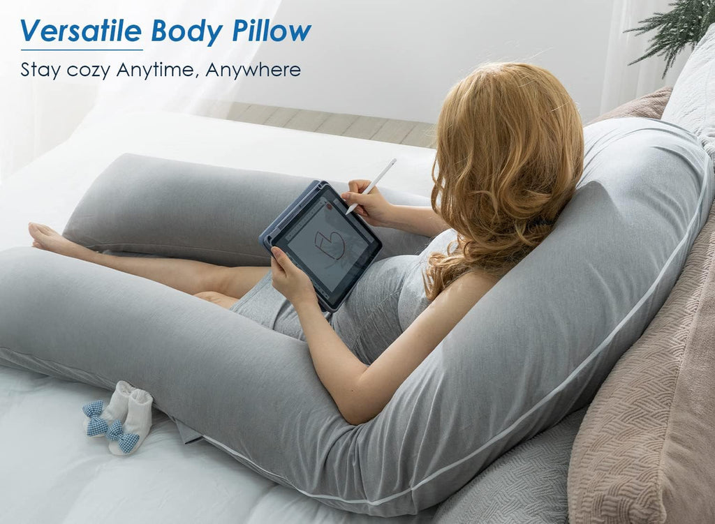 Queen Rose Extra Long U-Shaped Body Pillow - Cooling Pregnancy Pillow for Full Body Support, 65 Inch, Grey
