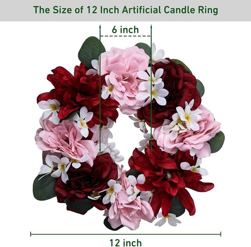 Artificial Flower Candle Rings - 6-Inch Rose Floral Wreaths with Butterflies for Wedding Centerpieces | Burgundy & Pink (Set of 2)