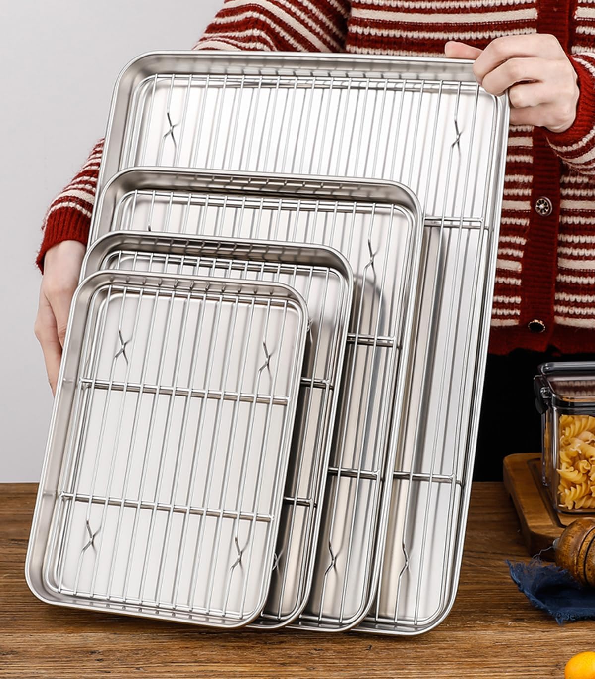 Skiennix Extra Small Serving Trays Set - Stainless Steel 304 Baking Sheet Pans with Cooling Racks | 9.3 x 6.9 Inch, Dishwasher Safe for 1-2 People