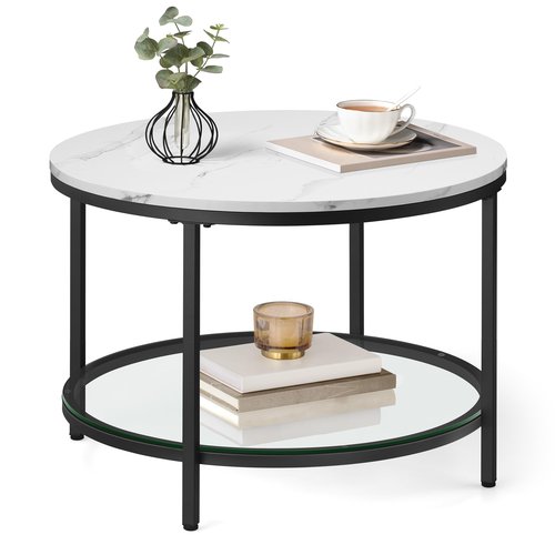 VASAGLE Round Coffee Table, 2-Tier Small Coffee Table with Faux Marble Top and Glass Shelf, Modern Style, for Living Room, 25.6 x 25.6 x 18.1 Inches, Marble White and Ink Black ULCT072W13