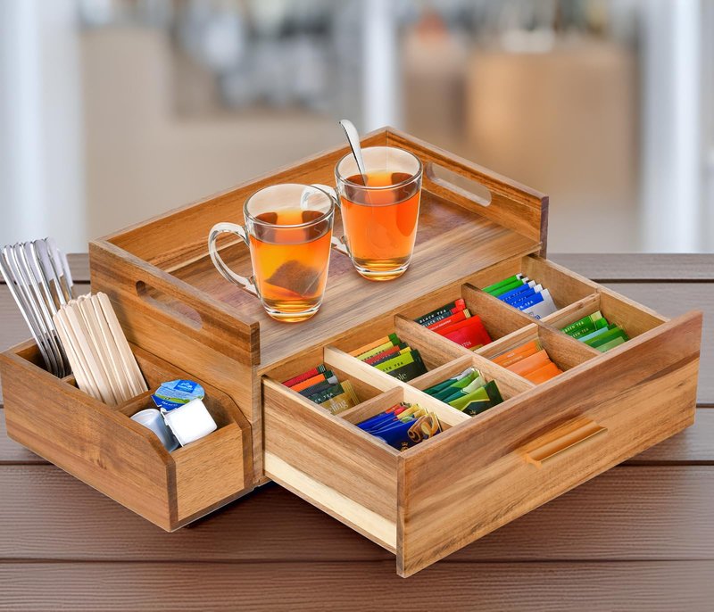 Balaipor Acacia Wood Tea Bag Organizer, Wooden Tea Bag Storage Box Holder with Drawer for Kitchen Office Tea Bar Countertop