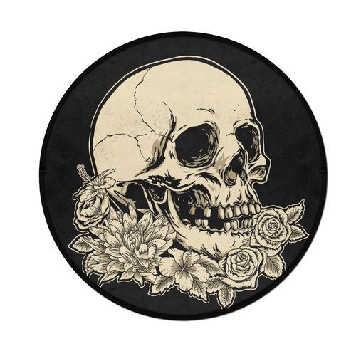 keepcute Round Skull Area Rug 5ft - Skull Rose Flower Black Round Carpet Non-Slip Rug Washable Floor Mats for Kitchen Bedroom Living Room, 5' x 5' Round
