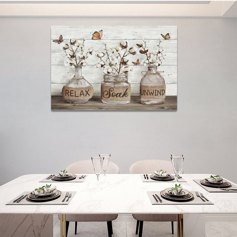Tijuboni Farmhouse Bathroom Decor Wall Art Rustic Cotton Flower Pictures Canvas Prints Country Relax Soak Unwind Bathroom Sign Butterfly Artwork Modern Home Decor Ready to Hang 16"x24"