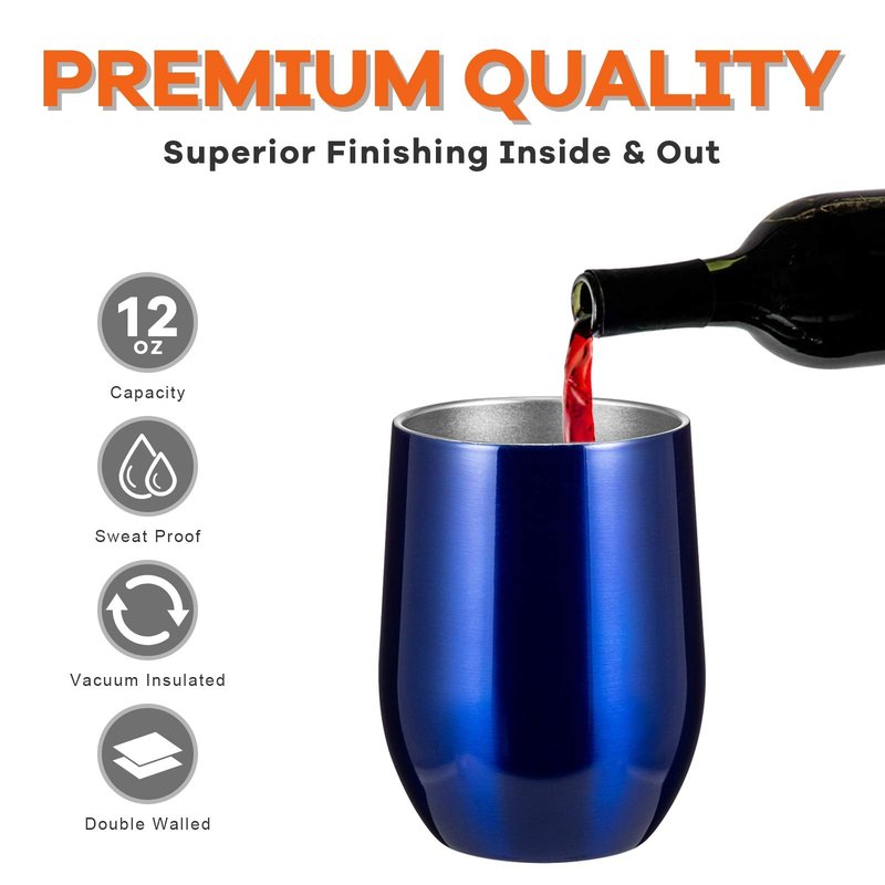 COMOOO Stainless Steel Wine Tumbler with Lid and Straw, 12oz Double Wall Vacuum Insulated Wine Tumbler Cup, Stemless Wine Tumbler for Hot and Cold Drinks, Coffee, Wine, Cocktails, Royal blue, 12 Pack