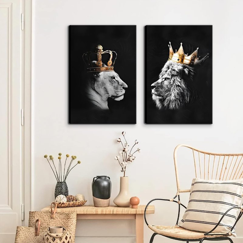 BJVJKSU Black and White Lion Wall Art - King and Queen Lioness Canvas Wall Decor with Gold Crown - Wild Animal Couple Prints Ready to Hang (16x24in)