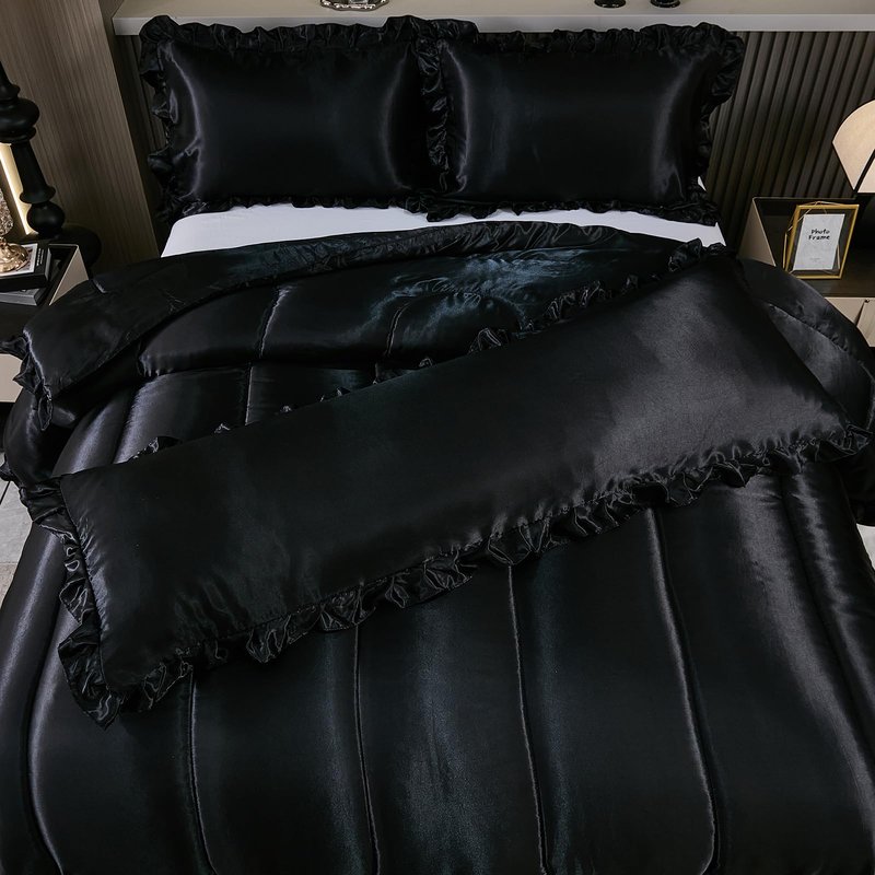 Satin Queen Comforter Set Silk Like Satin Bedding Set Hotel Soft Polyester Black Bed Set Luxury Silky Pillow Cover with Quilt Set Ruffle Down Comforter Home Decor